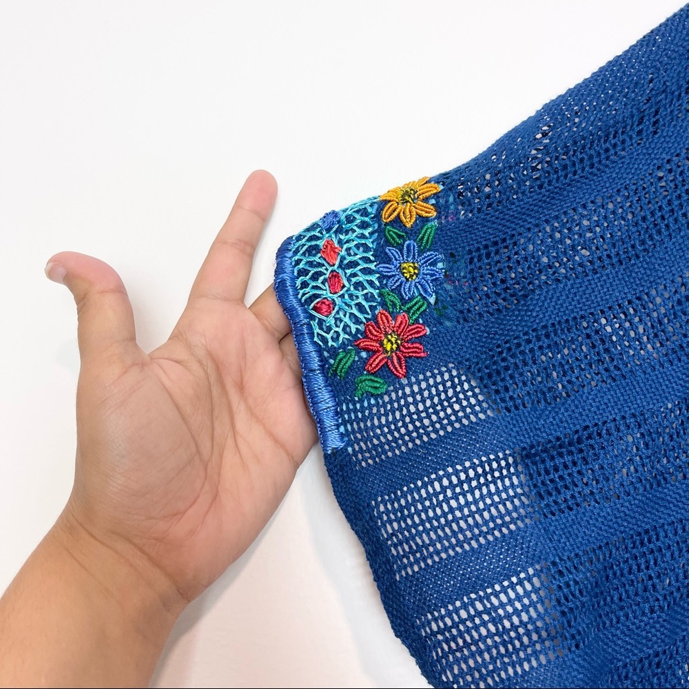 Mi Golondrina | Floral Embroidered Poncho Royal Blue Beach Coverup OS - Picture 4 of 10